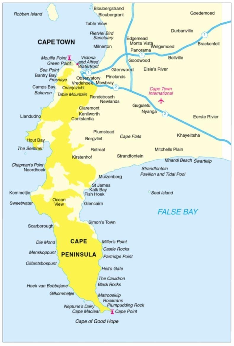 Karte der Kap-Halbinsel, Südafrika